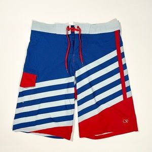 OP Swimming Trunks Board Shorts Blue & Red With Drawstrings & Pocket - Size 30